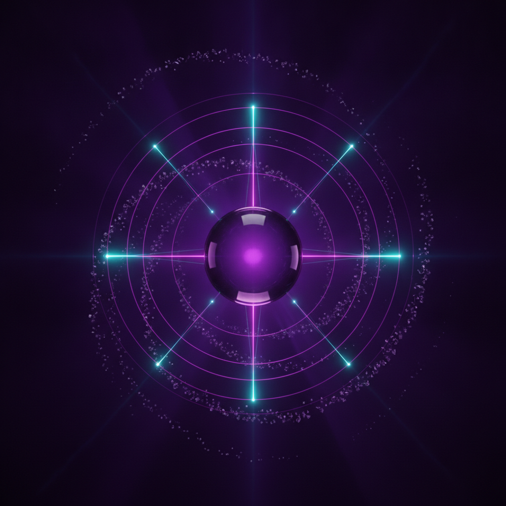 Esfera violeta translúcida cercada por arcos de radar e feixes de luz convergentes, representando sinais de intenção de compra sendo filtrados por um agente de SDR