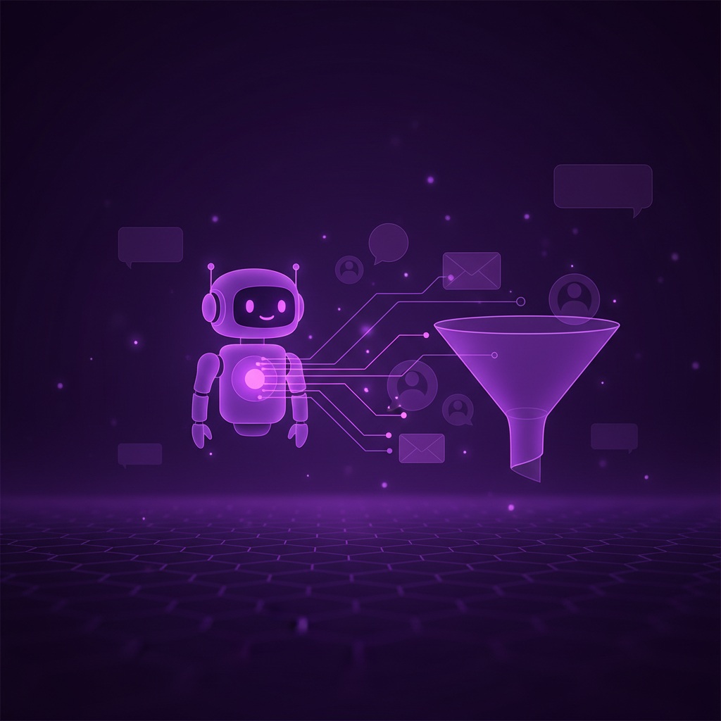 Ilustração editorial de agente de IA prospectando leads com bolhas de chat e funil de vendas em tons violeta