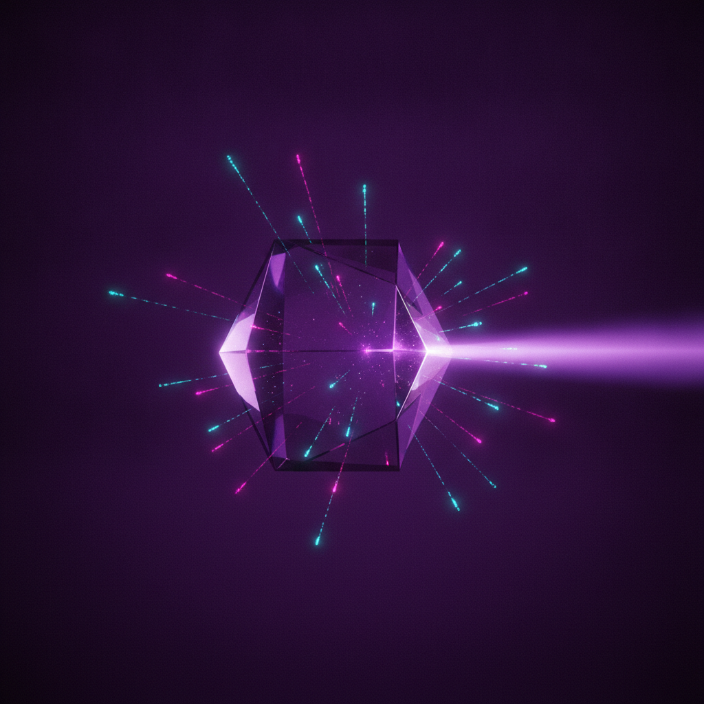 Ilustração editorial em roxo profundo: um prisma translúcido recebendo sinais dispersos em ciano e magenta e emitindo um único feixe focado — metáfora da qualificação de leads por um agente de IA.