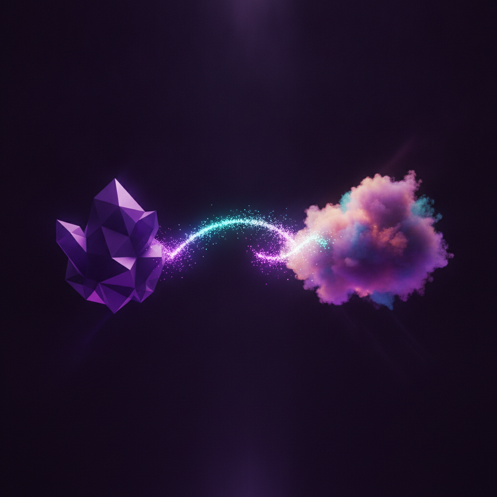Ilustração editorial de um cristal poligonal violeta passando um fluxo de partículas cintilantes para uma nuvem orgânica luminosa, simbolizando o momento do handoff entre agente de IA e atendente humano