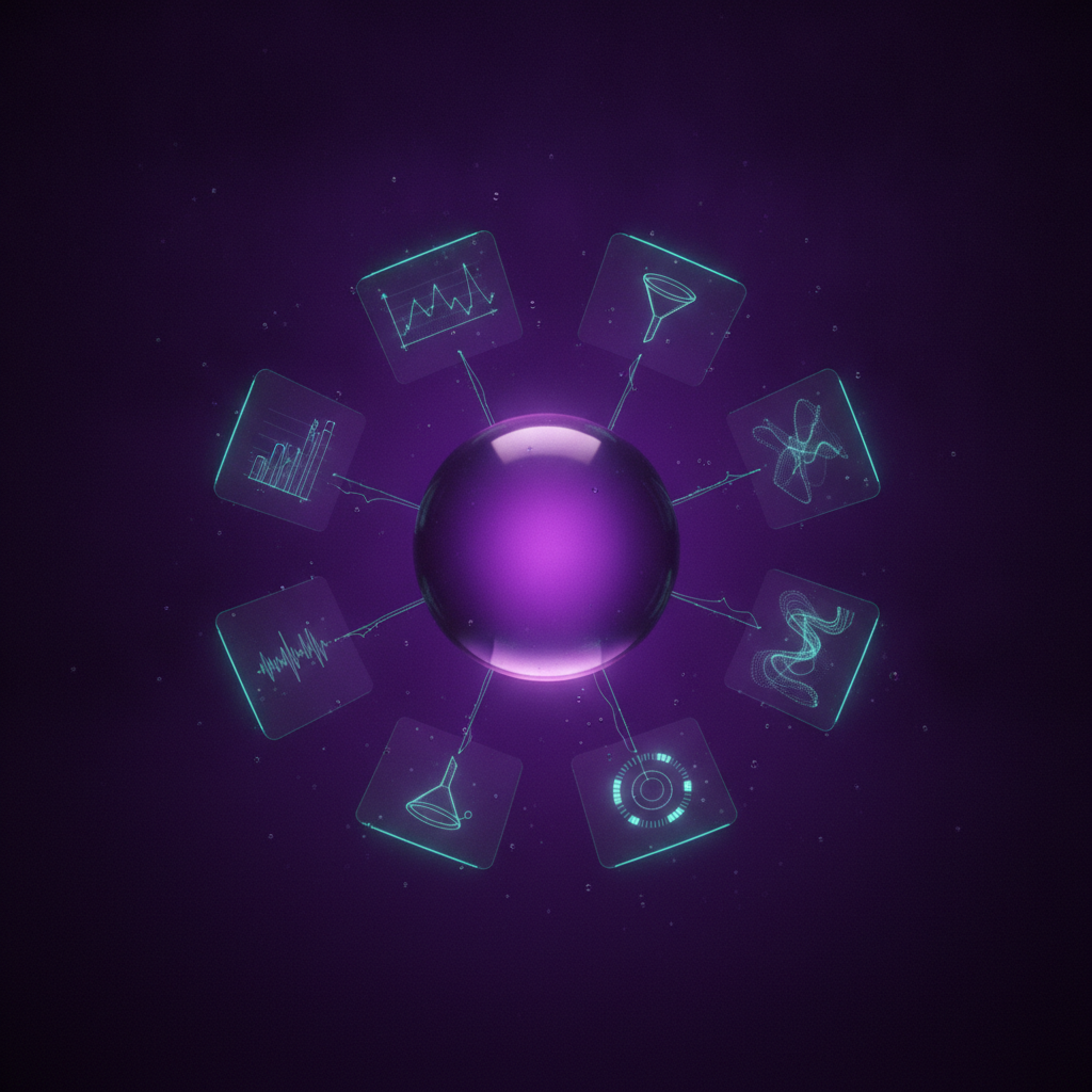 Ilustração editorial: esfera translúcida violeta central conectada por feixes de luz ciano a painéis holográficos flutuantes com formas abstratas de dashboards de marketing
