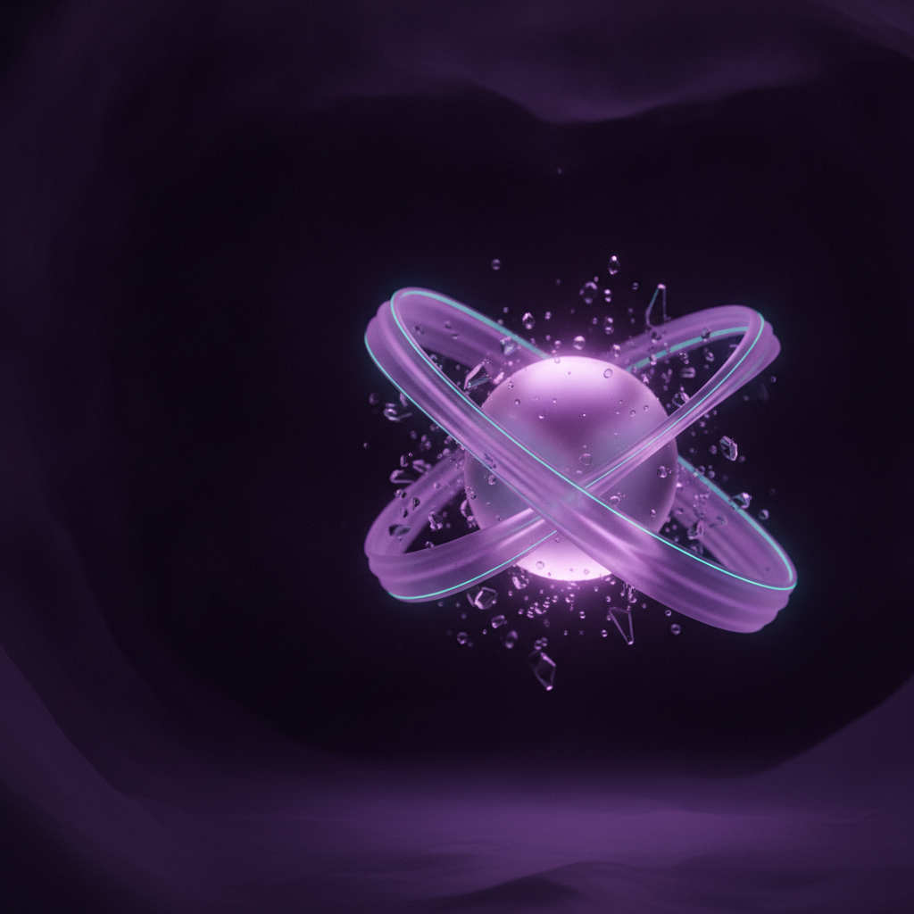 Ilustração editorial abstrata em tons de violeta, com esfera translúcida orbitada por fitas de luz suave, representando o fluxo de agendamento de uma clínica de estética.