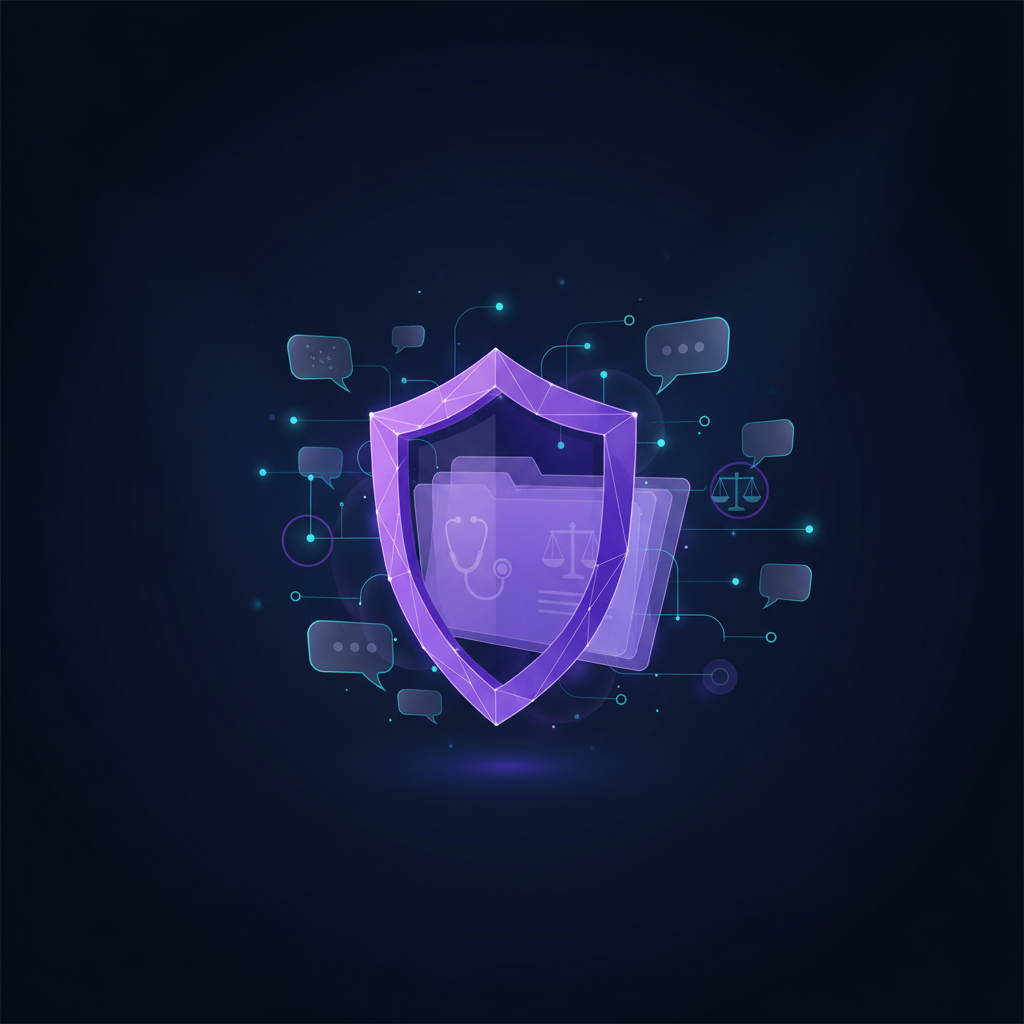 Escudo digital violeta protegendo documentos com símbolos de saúde e direito, cercado por bolhas de chat — proteção de dados em agentes de IA.