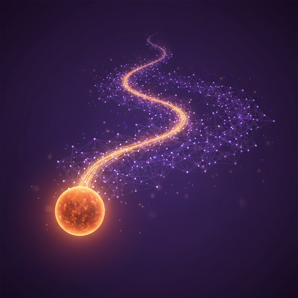 Ilustração editorial: rede de nós violeta com um ponto de partida em âmbar irradiando um caminho luminoso para dentro da malha.