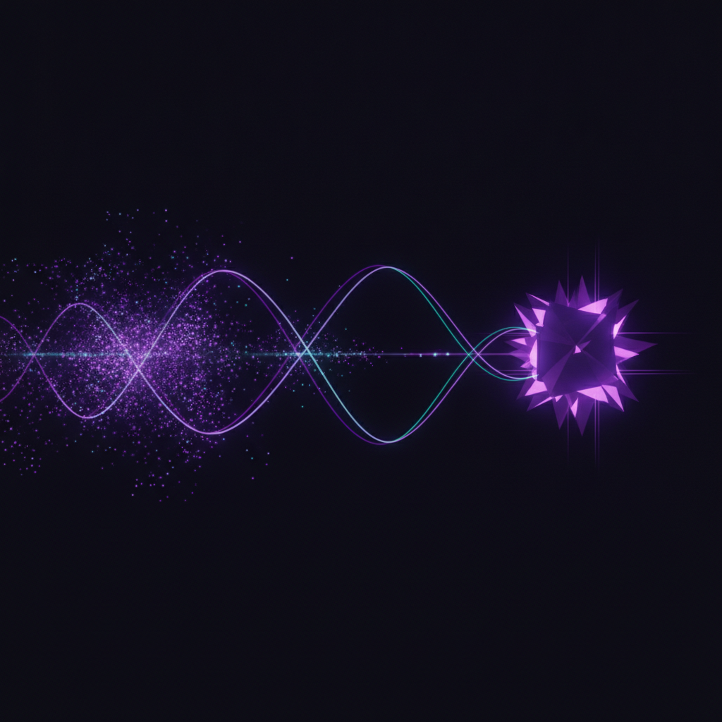 Visualização abstrata de calibragem temporal: nuvem de partículas violeta dispersas à esquerda, ondas convergindo no centro e núcleo cristalino focado à direita, simbolizando os 30 primeiros dias do agente de IA