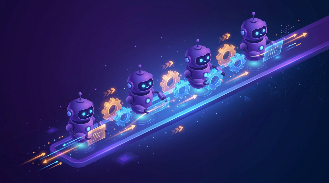 Pipeline de agentes conectados representando workflow corporativo automatizado